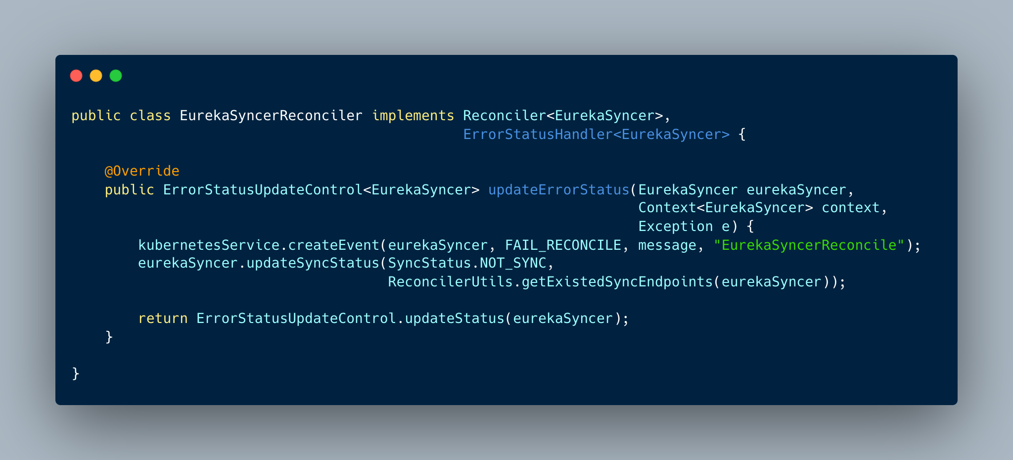 Figure 3-10. [code snippet] Get visibility when reconcile fails with kubernetes event and status