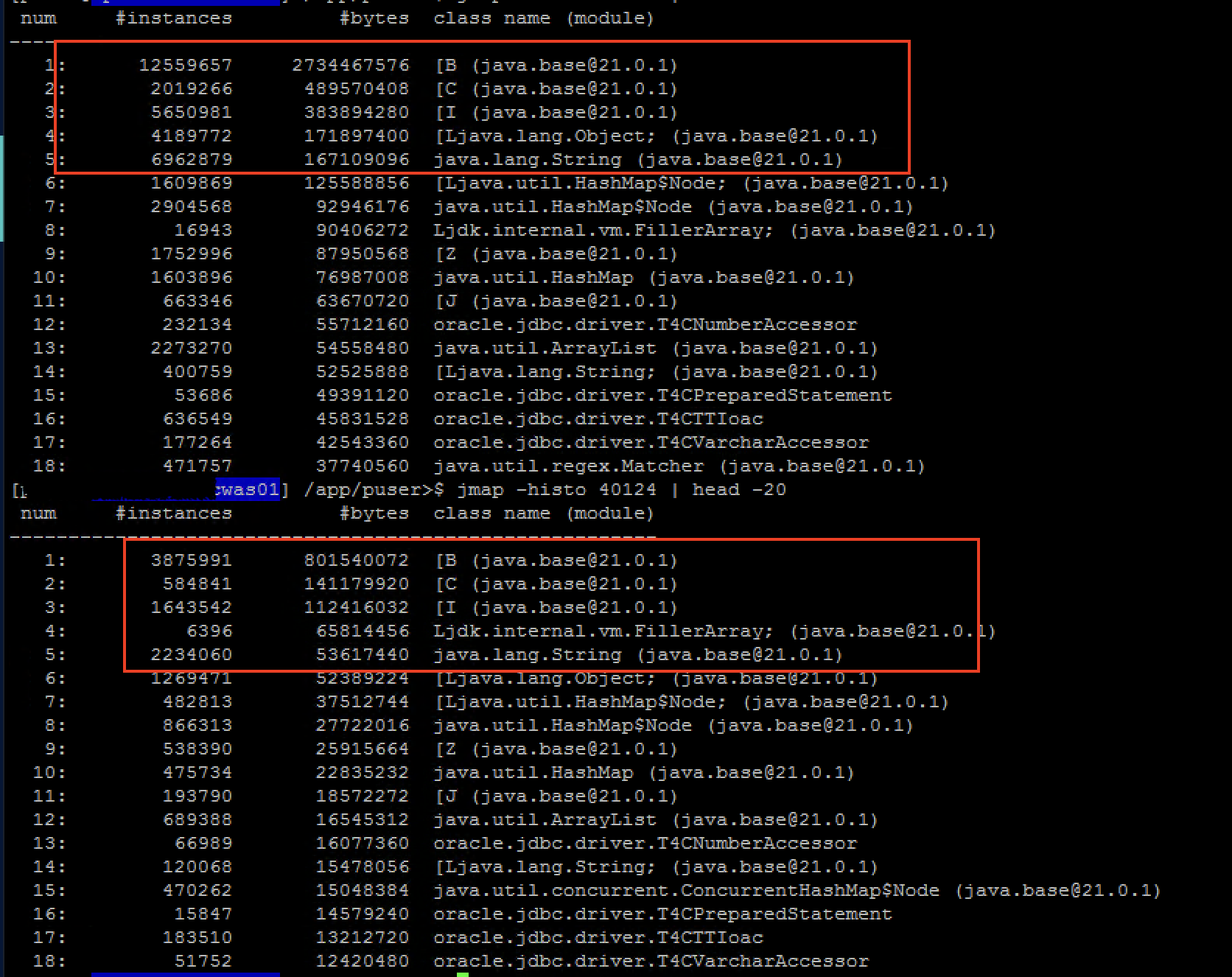 <small>
`jmap -histo` 명령을 통해 확인한 결과. 시간이 지남에 따라 일부 객체 수가 줄어드는 것으로 보아 누수보다는 GC 수거 강도 부족으로 판단됨.
</small>
